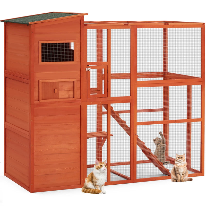 70'' H Large Wooden Catio Outdoor Cat Enclosure,Brown