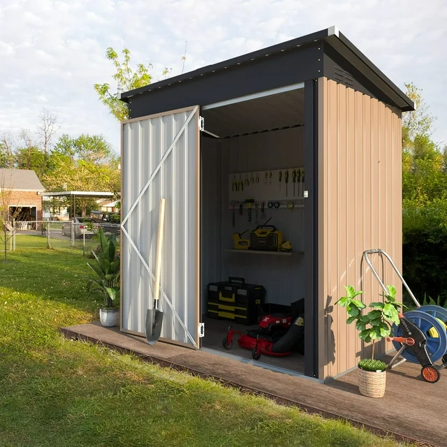 AECOJOY 5'x 3' Metal Outdoor Storage Shed with Lockable Door for Patio Garden Backyard - Brown