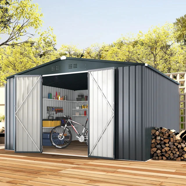 AECOJOY 10' x 12' Outdoor Metal Storage Shed in Gray