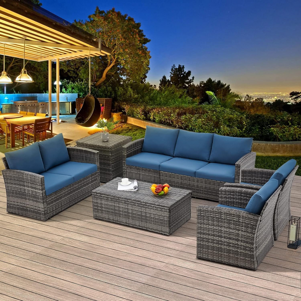 AECOJOY 7 Pieces Patio Furniture Set with Two Storage Boxes, Outdoor Rattan Conversation Set，All-Weather PE Wicker Sectional Sofa Outdoor Furniture for Garden, Deck, Grey Rattan&Dark Blue