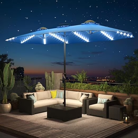 15ft Patio Umbrella with Solar Lights Blue-With Light