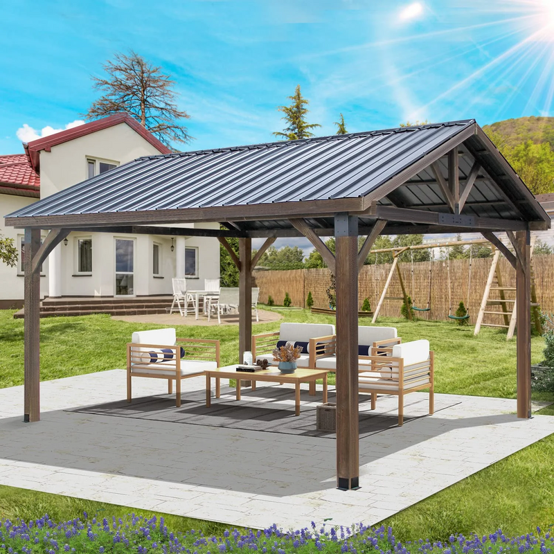 AECOJOY 14.5x12ft Outdoor Wooden Gazebo,Grill Pergola Gazebo Clearance Hard-Top Gazebo for Patios, Garden,Coffee