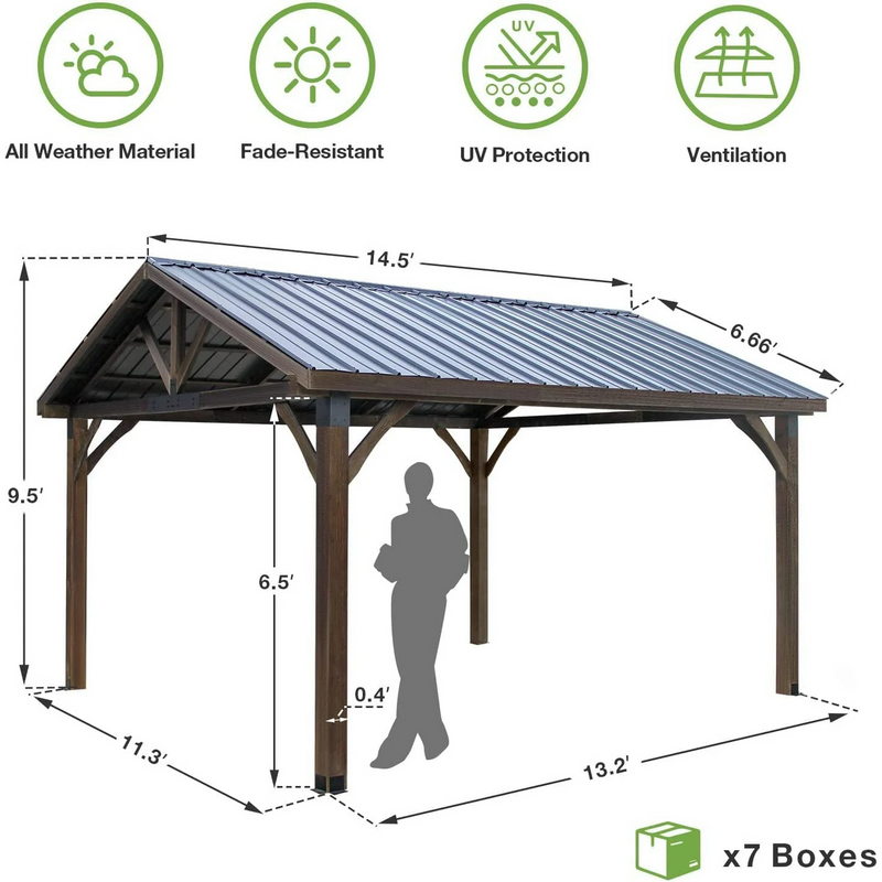 AECOJOY 14.5x12ft Outdoor Wooden Gazebo,Grill Pergola Gazebo Clearance Hard-Top Gazebo for Patios, Garden,Coffee