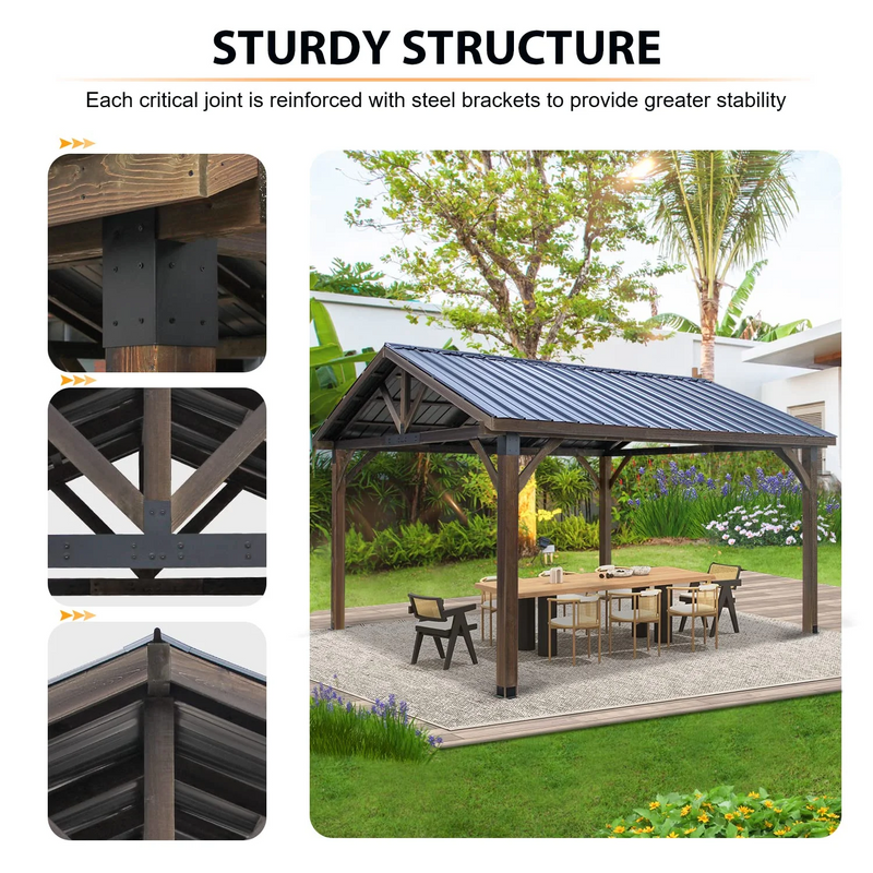 AECOJOY Wooden Gazebo 14.5x11ft for Outdoor BBQ Grill and Relaxation, Sturdy Coffee Permanent Pavilion for Patios, Gardens, and Lawns