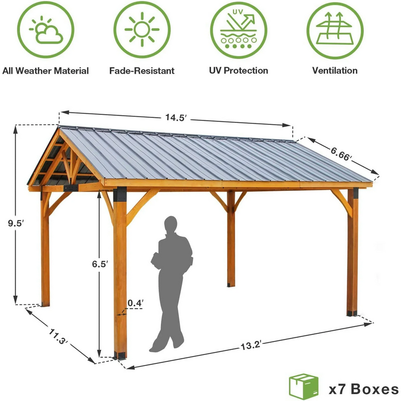 AECOJOY 14.5x12ft Outdoor Wooden Gazebo,Grill Pergola Gazebo Clearance Hard-Top Gazebo for Patios, Garden,Brown