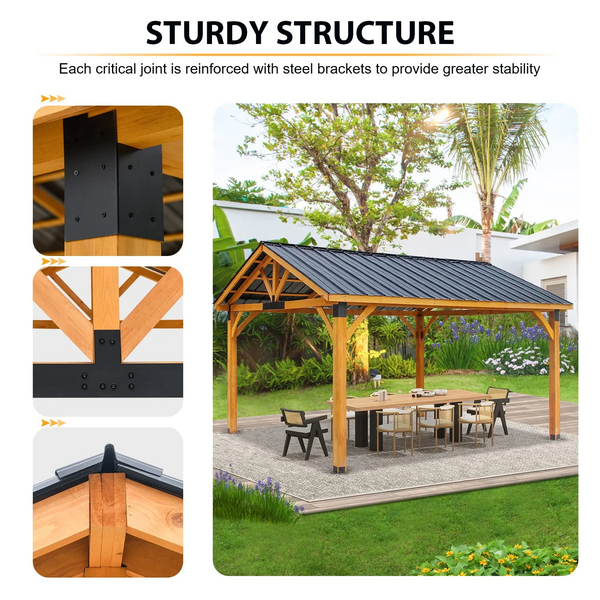 AECOJOY 14.5x12ft Outdoor Wooden Gazebo,Grill Pergola Gazebo Clearance Hard-Top Gazebo for Patios, Garden,Brown