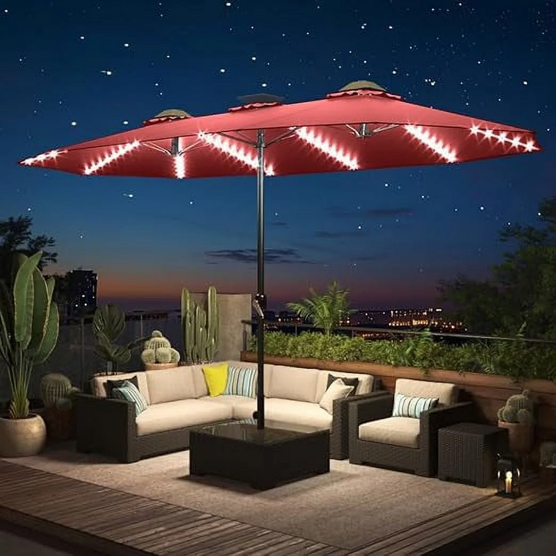 15ft Patio Umbrella with Solar Lights red