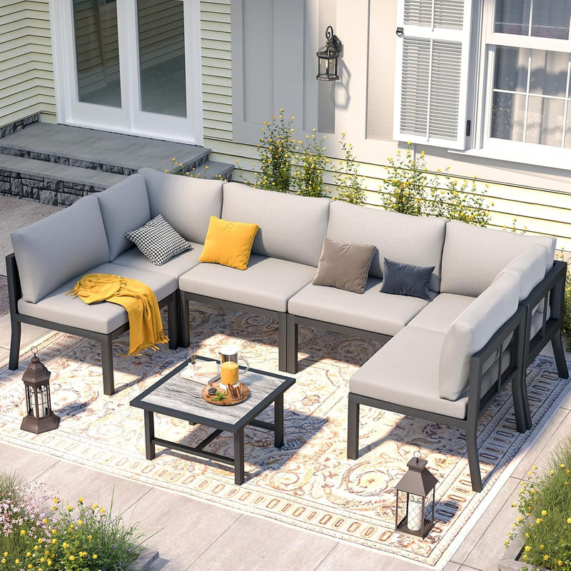 YODOLLA 7 Pieces Metal Outdoor Conversation Sets with Cushions, Gray