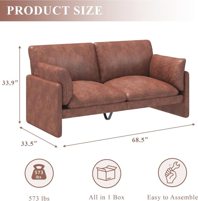 YODOLLA 68" Loveseat Sofa Couch for living room leather couch with Soft Cushions & Thick Armrests in Brown