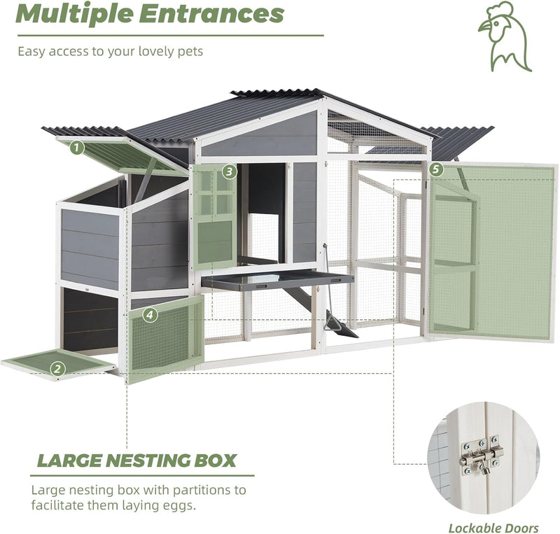 YODOLLA Large Wooden Chicken Coop with Nesting Boxes, Fits 6-8 Chickens in Gray