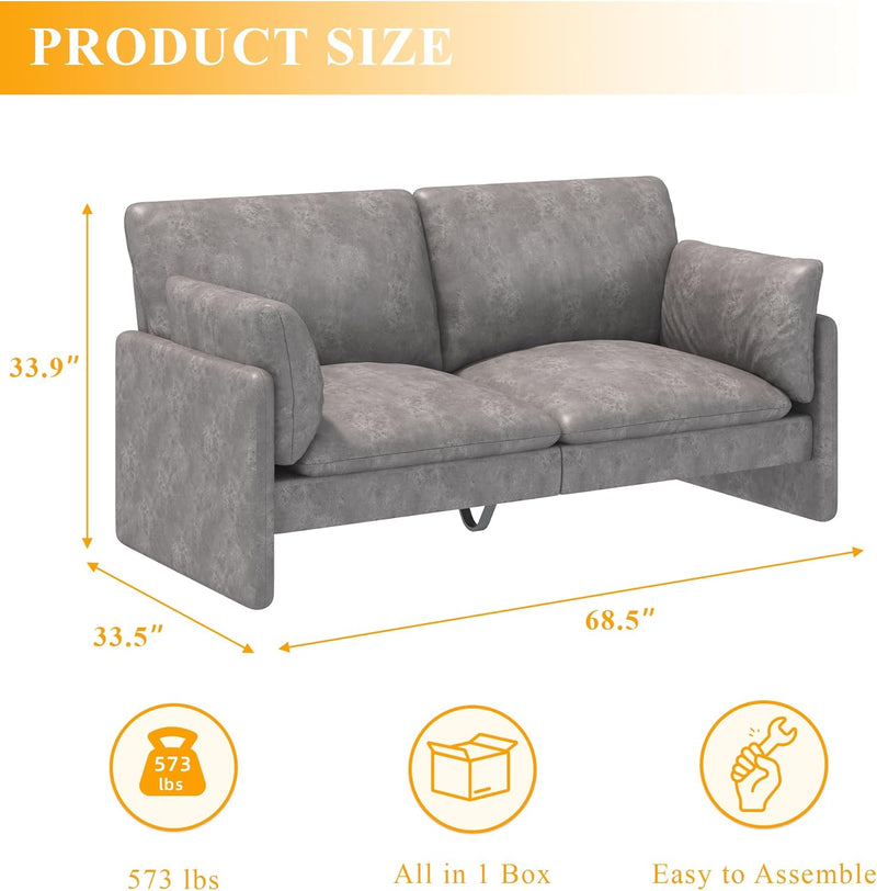 YODOLLA 68" Loveseat Sofa Couch for living room leather couch with Soft Cushions & Thick Armrests in Grey