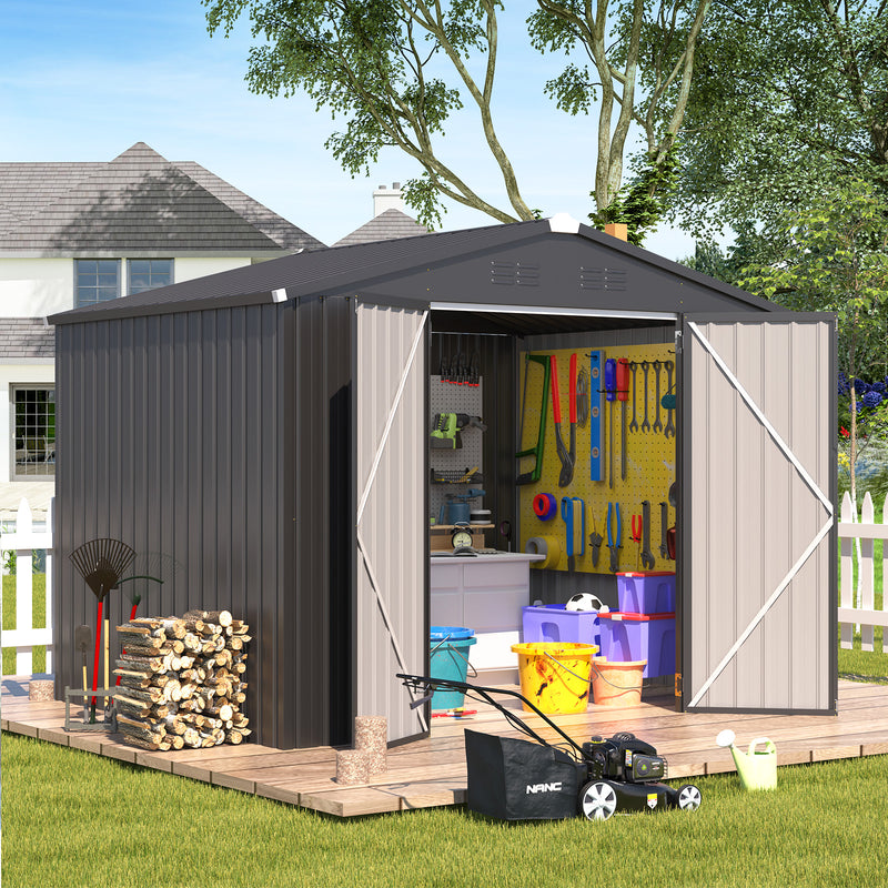 YODOLLA 8.4 x 6.3 ft. Outdoor Metal Storage Shed with Sliding Roof & Lockable Door in Dark Gray