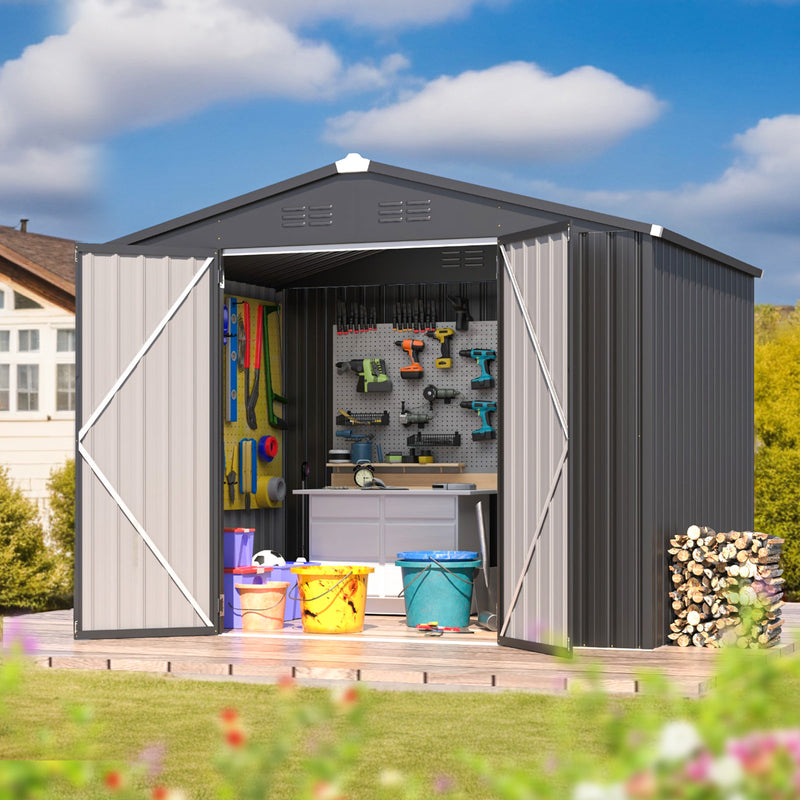 YODOLLA 8.4 x 6.3 ft. Outdoor Metal Storage Shed with Sliding Roof & Lockable Door Dark Gray