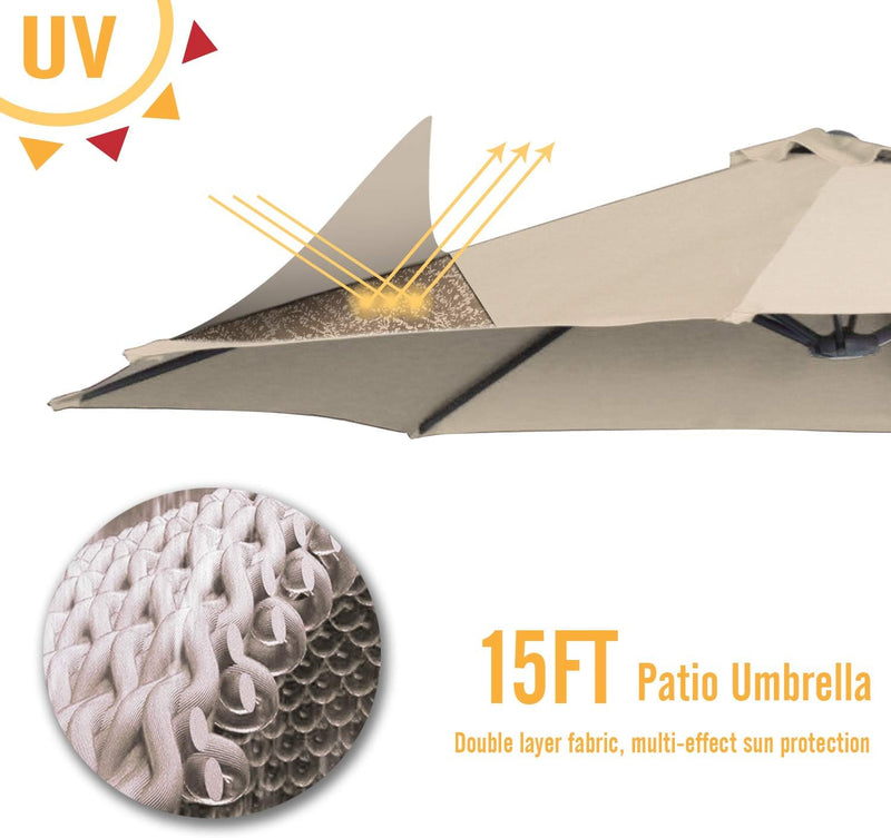 YODOLLA 15 Ft Patio Double Sided Umbrella Large Outdoor Umbrella - Beige