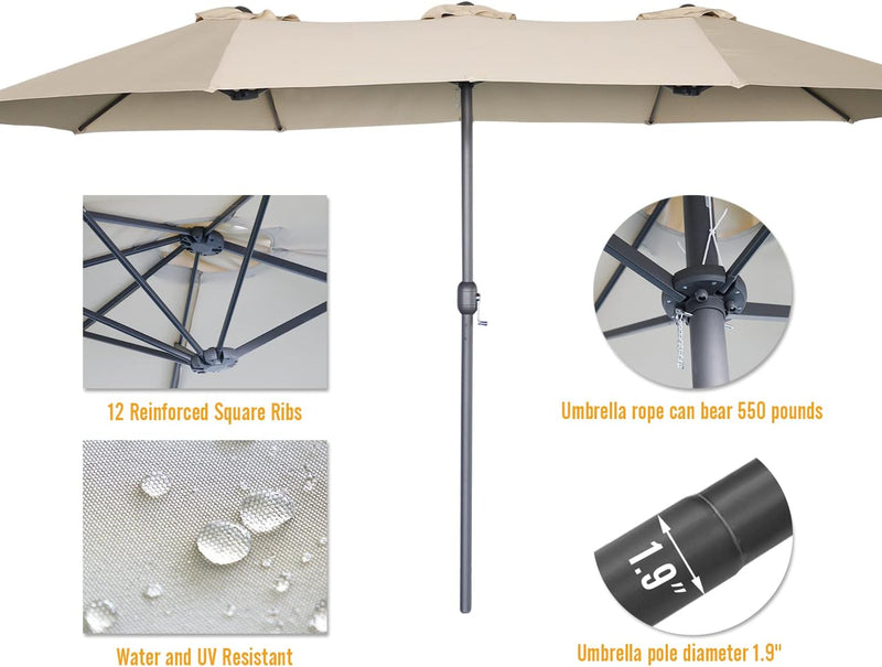 YODOLLA 15 Ft Patio Double Sided Umbrella Large Outdoor Umbrella - Beige