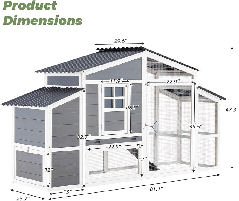 YODOLLA Large Wooden Chicken Coop with Nesting Boxes, Fits 6-8 Chickens in Gray