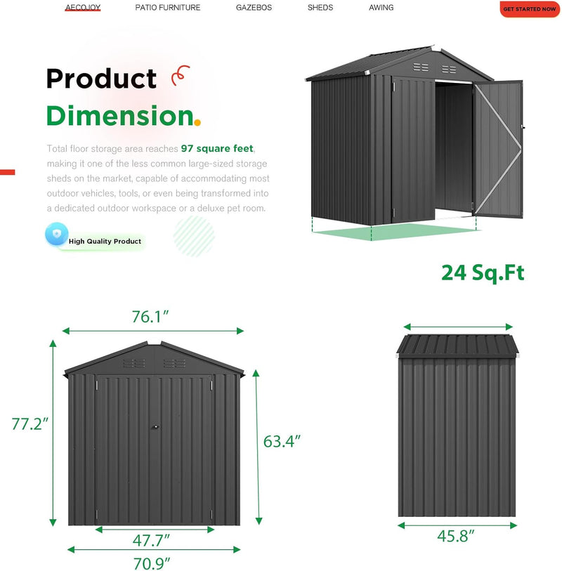 AECOJOY 6' x 4' Outdoor Metal Storage Shed with Lockable Door for Backyard in Dark Gray