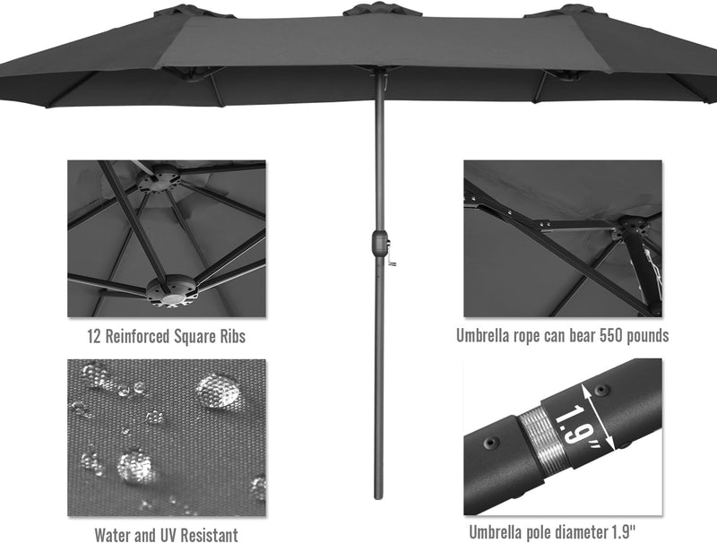 YODOLLA 15 Ft Patio Double Sided Umbrella Large Outdoor Umbrella in Dark Gray