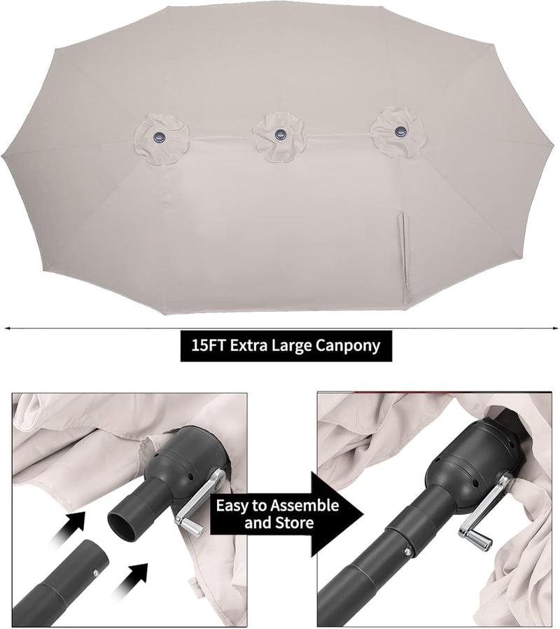 YODOLLA 15 Ft Patio Double Sided Umbrella Large Outdoor Umbrella - Beige