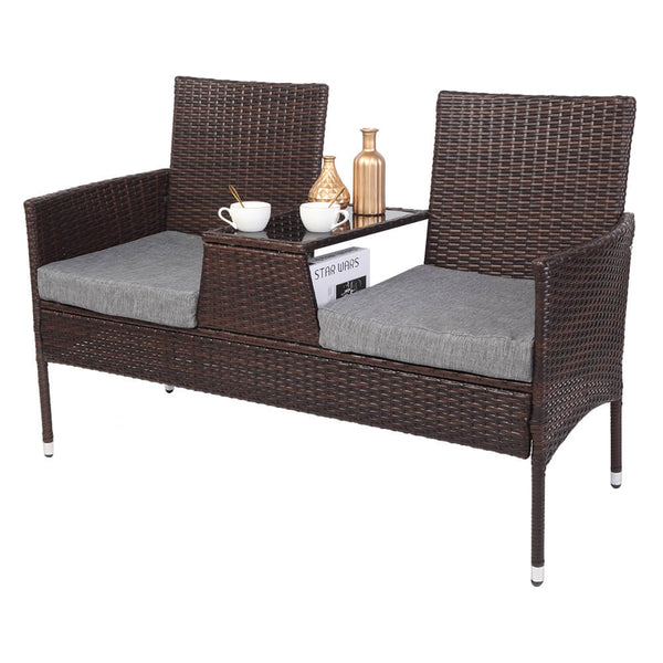 Double Siamese Rattan Chair Outdoor Garden Patio Furniture Brown Cushions