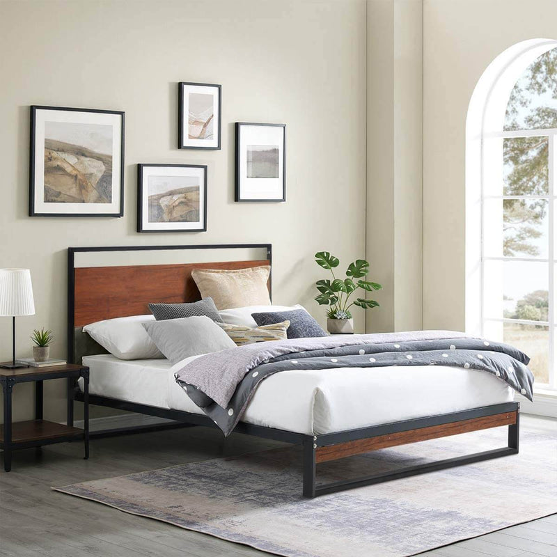 Twin Bed Frame with Wooden Headboard,Platform Metal Bed Frame with Footboard