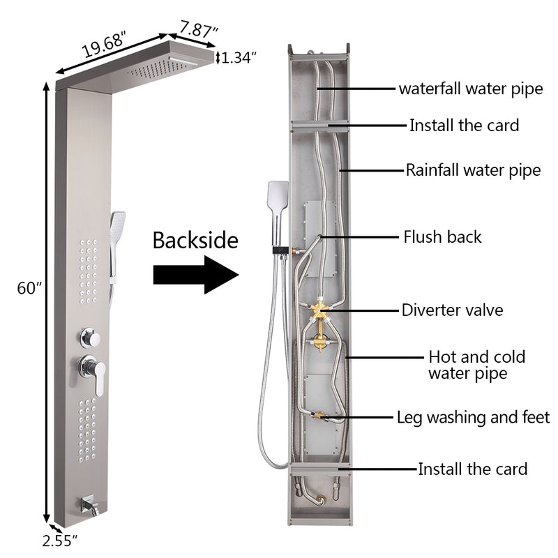 Shower System Shower Panel Stainless Steel Multi-Function 24 Holes Silver 60 inch