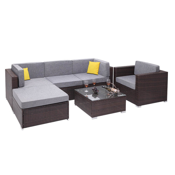 6 Pieces Patio PE Wicker Rattan Conversation Sofa Set