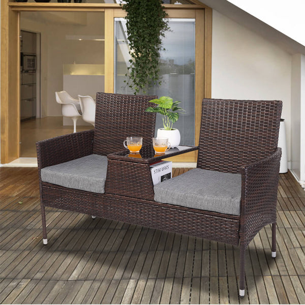 Double Siamese Rattan Chair Outdoor Garden Patio Furniture Brown Cushions