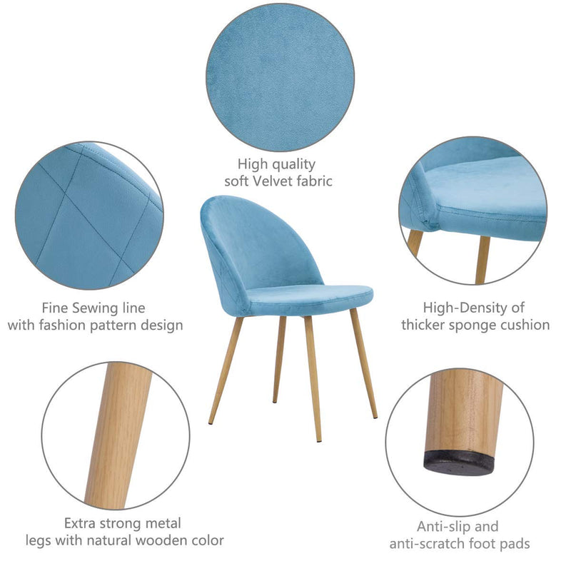 Accent Dining Chairs Upholstered Velvet with Wood Legs Set of 2 Blue