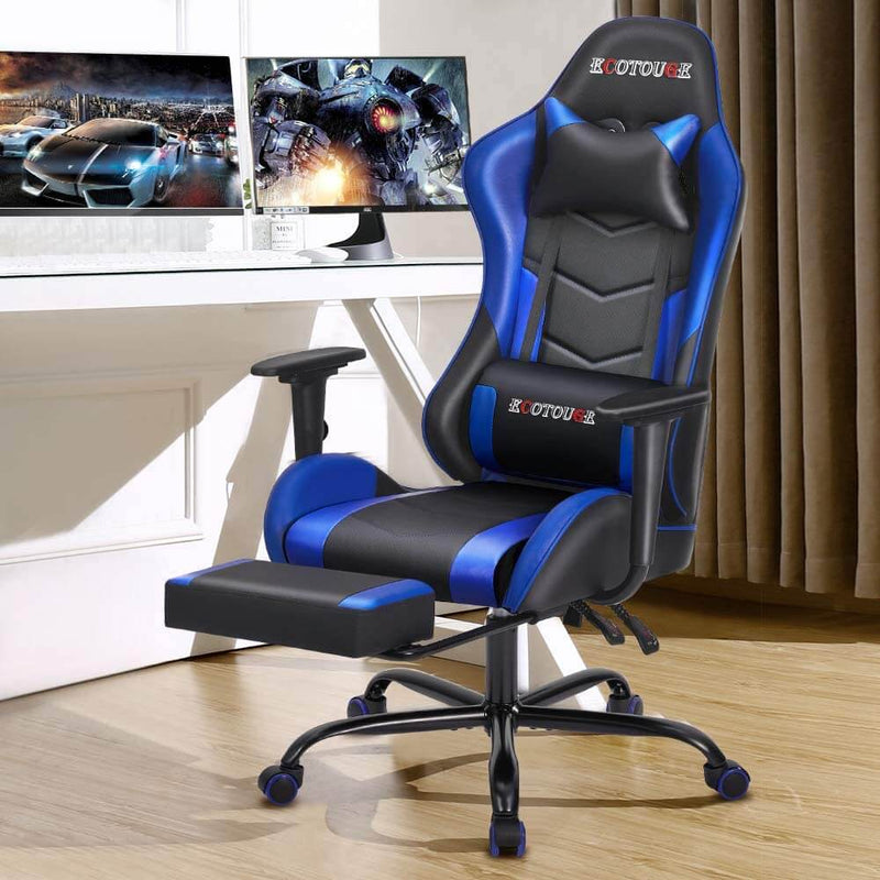 Gaming Chair Massage Ergonomic Office Chair High Back Computer Chair Racing PU Leather Recliner with Footrest, Black & Blue