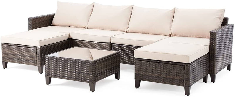 7 Pcs Outdoor Sectional Sofa Rattan Patio Conversation Set w/ 2 Ottomans, Coffee Table, Cushions