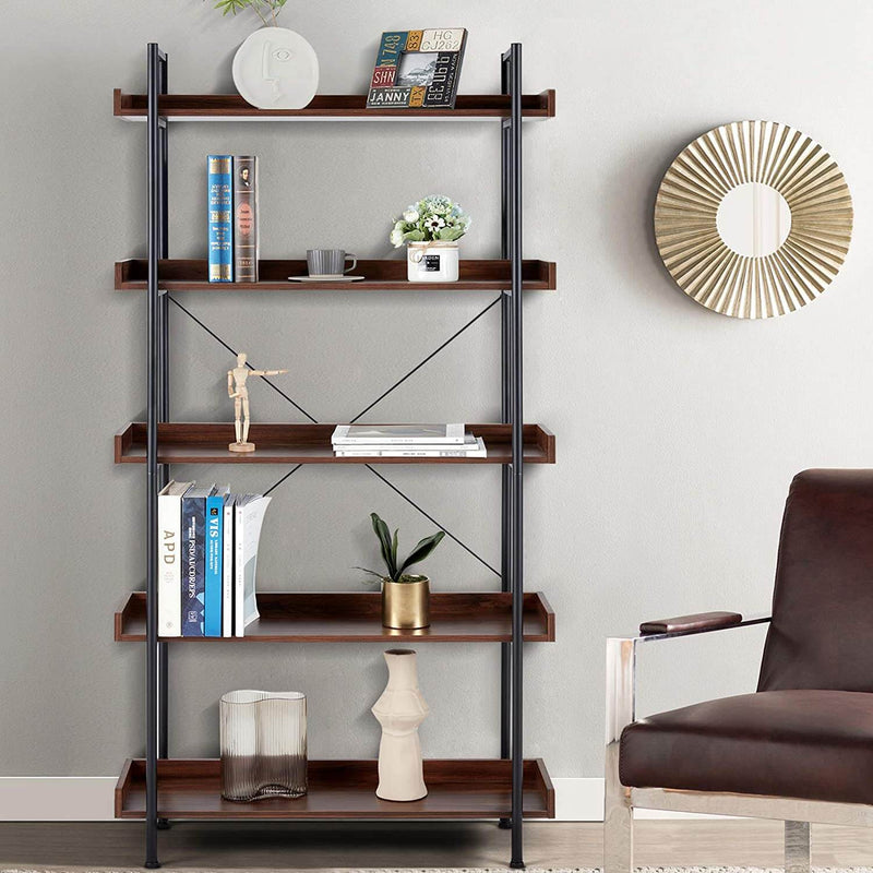 5-Tier Bookcase, Vintage Industrial Style Open Storage Display Shelves Organizer with Metal Frame Rustic Bookshelf for Home Office, Distressed Brown