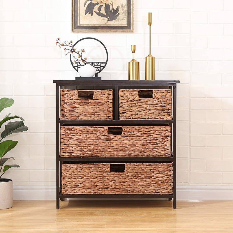 Wicker Storage Cabinet with 1 Wooden and 3 Basket Drawers - Wicker Basket  Storage Tower - Ideal Wicker Nightstand for Bedroom Living Room and Entryway