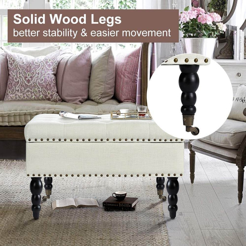 Beige Fur Footrest with Storage and Stable Wooden Legs