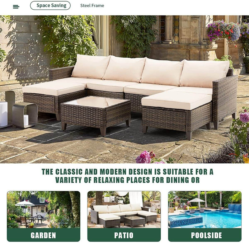 7 Pcs Outdoor Sectional Sofa Rattan Patio Conversation Set w/ 2 Ottomans, Coffee Table, Cushions