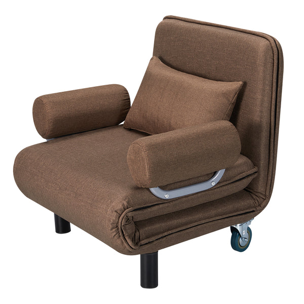 Convertible Chair Bed, Folding Arm Chair Sleeper, 5 Position Recliner with Pillow, Brown