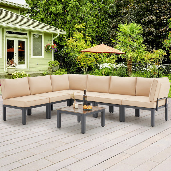 7 Pieces Outdoor Metal Furniture Sets Patio Conversation Set with Coffee Table, Patio Sectional Sofa Set with Cushions-Beige