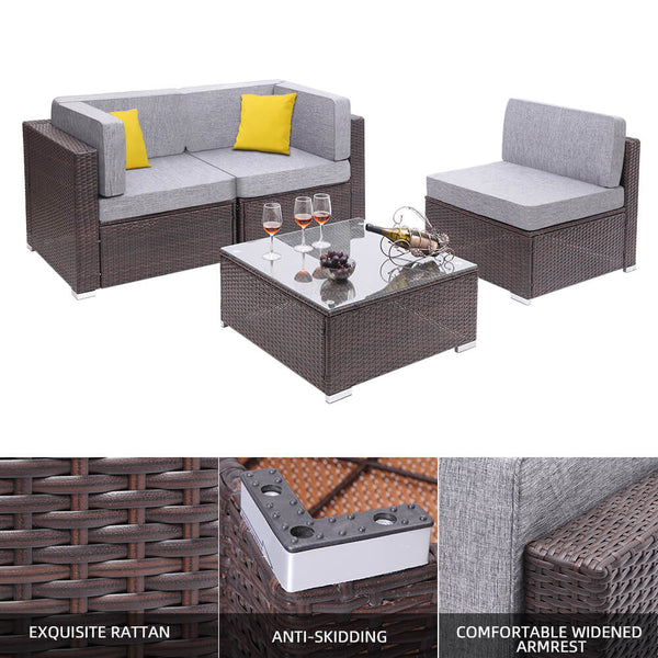 4 Pieces Patio PE Wicker Rattan Corner Sofa Set With Table